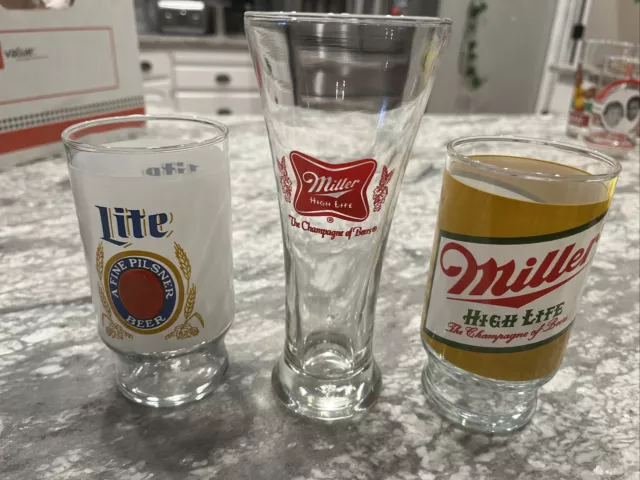 Trio of Miller High Life Lite Vintage Beer Glass Glasses Footed Vintage