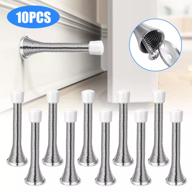 10Pcs Spring Door Stopper with Bumper Rubber Tip Screws Nickel Wall Protector US