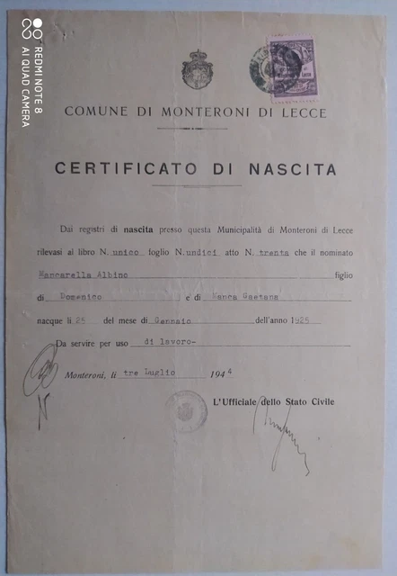 Monteroni (Lecce) 1944 Raro Certificato Con Timbri E Bella Marca Del Comune