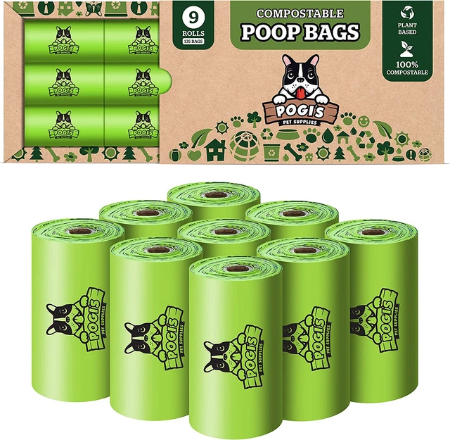 Bolsas de caca compostables para perro Pogi's - 9 rollos 135 bolsas biodegradables para perro - ASTM EN