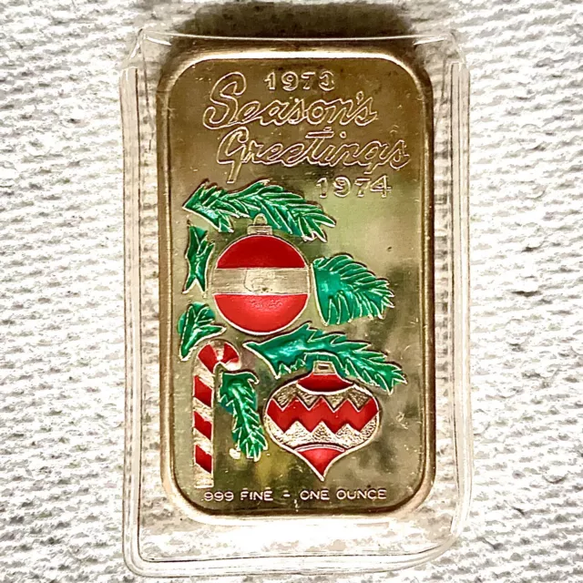 Season's Greetings 1973-1974 Christmas Tree 1 Oz .999 Silver Bar. Ceeco. Enamel