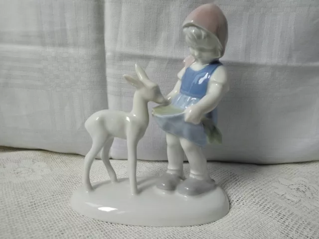 Gerold Porzellan Bavarian Figurine of a Girl Feeding a Deer (W. Germany Marked)