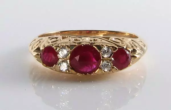 Large 9Ct 9K Gold India Ruby & Diamond Art Deco Victorian Ins Ring Free Resize