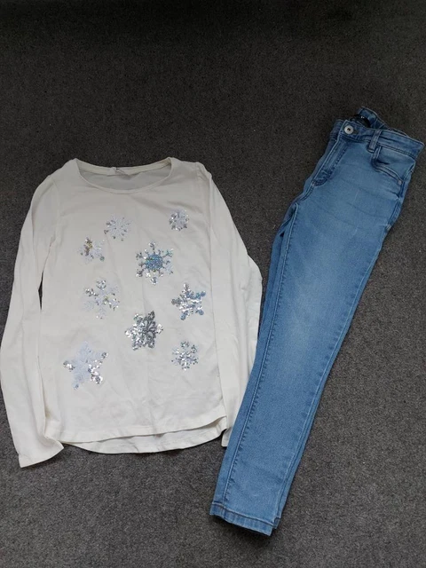 Girls 2 Piece Outfit, Snowflake Top/Jeans  9-10 Years, H&M/Very