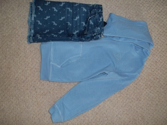 Pacchetto ragazza unicorno gonna denim/felpa con cappuccio con cerniera età 4-5 anni in perfette condizioni George Matalan