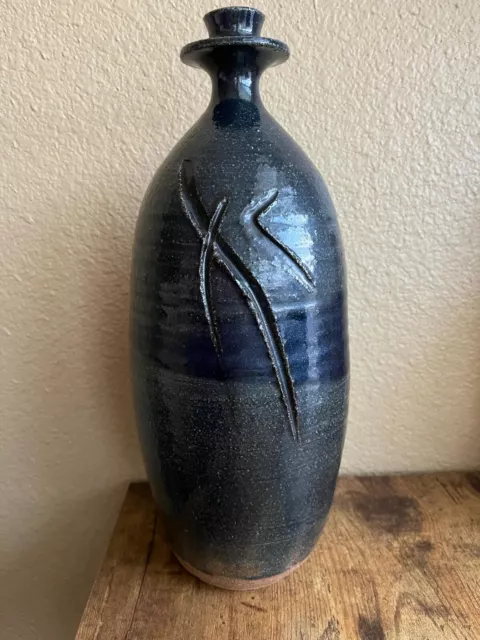 Studio Art Pottery Vase Tall 13" Dark Grey Blue Tones Glossy Drip Glaze Signed