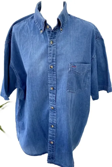 Maine Mens Size L 43” Chest Shirt Short Sleeved Indigo Twill Cotton Blue