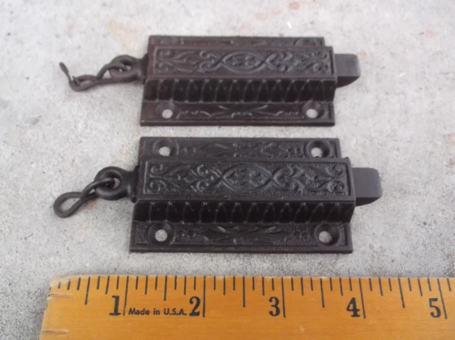 2 Antique Eastlake ? Spring Loaded Latch Lock Pull Chain Cast iron French Door