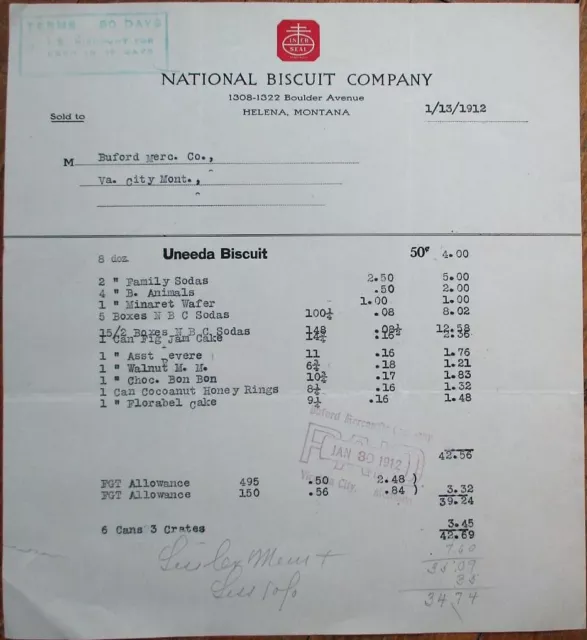 Helena, MT 1912 Letterhead: Nabisco / National Biscuit Company - Montana Mont