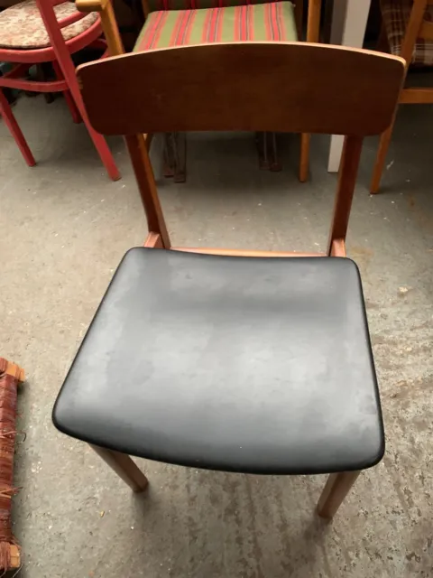 Vintage retro mid century teak wooden kitchen dining chairs MCM x 4 black seat