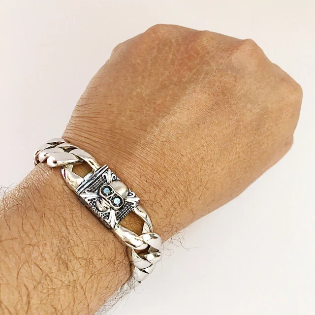 18 Kt Real Solid White Gold Skull Black Diamonds Men's Link Bracelet 77.430 Gm