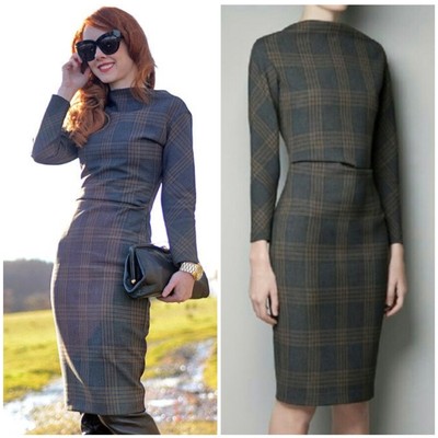 ZARA blogger favorite Tartan Plaid Wiggle Pencil Midi Dress size medium