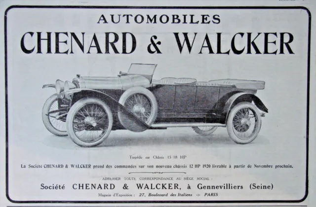 Publicité De Presse 1919 Automobiles Chenard & Walcker Chassis Torpedo 15 Hp