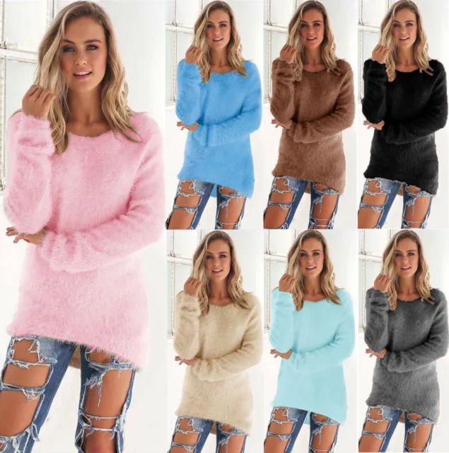 Womens Fluffy Fleece Jumper Ladies Winter Casual Tunic Tops Pullover Shirts Size
