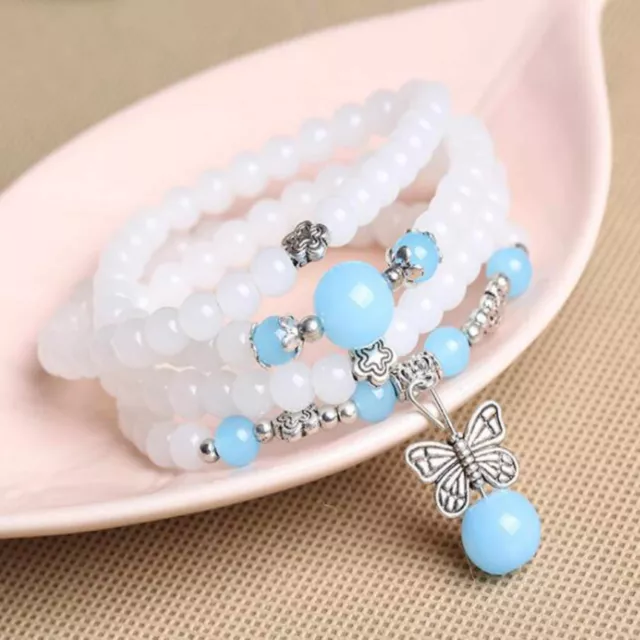 Blue white chalcedony multilayer butterfly charm bead bracelet Wrap Party Chain