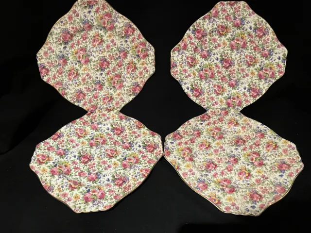 4 Antique Royal Winton China Summertime Chintz 9 3/4” Square Dinner Plate Roses