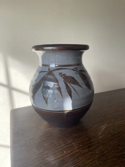 Nick Douglas Studio Art Pottery blue & brown leaf design vase - cracked