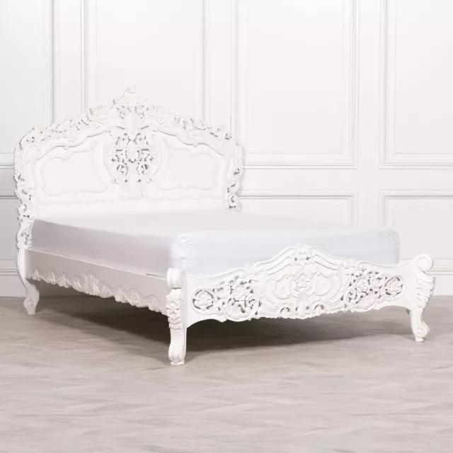 French Rococo Style White 5ft King Size Bed Mahogany Carved Home Furniture