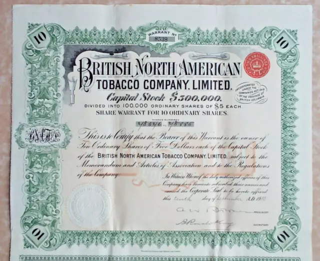 share certificate 1912 British North American Tobacco Co  no. 8538