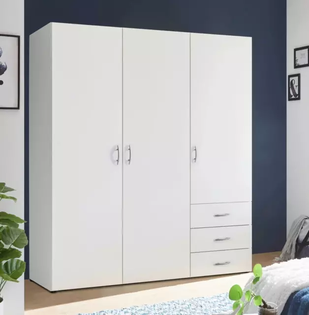 ✅ Großer Kleiderschrank Weiß, 150x180x50 Garderobe, 3 Türen / Schubladen, Stange