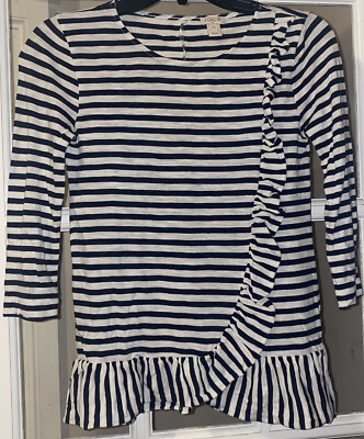 J CREW Mercantile 3/4 Sleeve Navy/White Striped Cotton Top XXS Ruffle Front EUC