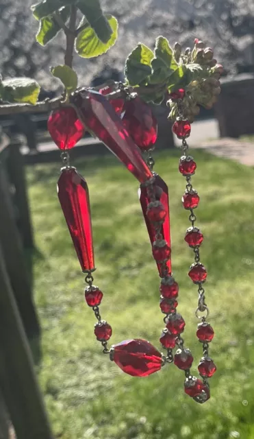 Vintage Vivid Deep Red Bohemian Glass Bead Necklace 1920’s Art Deco