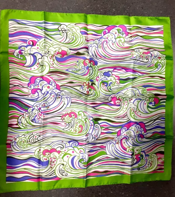 LIBERTY OF LONDON Designer Silk Scarf MEDIUM Square Organic Waves Green & Pink