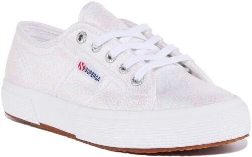 SUPERGA 2750 Lameu Lacet Métallique Cupsole Baskets Blanc Femmes Taille 3 - 8