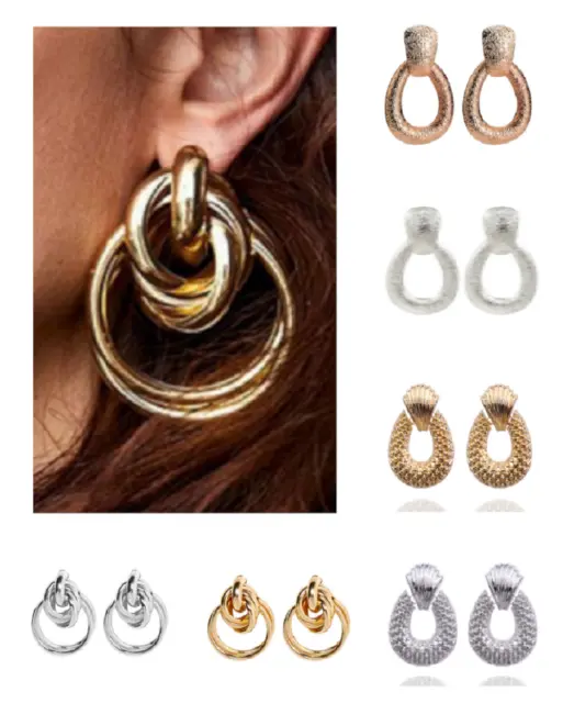 New Trendy Big Silver/Gold Geometric Dangle Drop Earrings Variant Styles UK