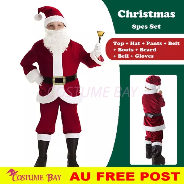 Kids Boys Christmas Xmas 8pcs Santa Cosplay Costume Set Party Festival Halloween