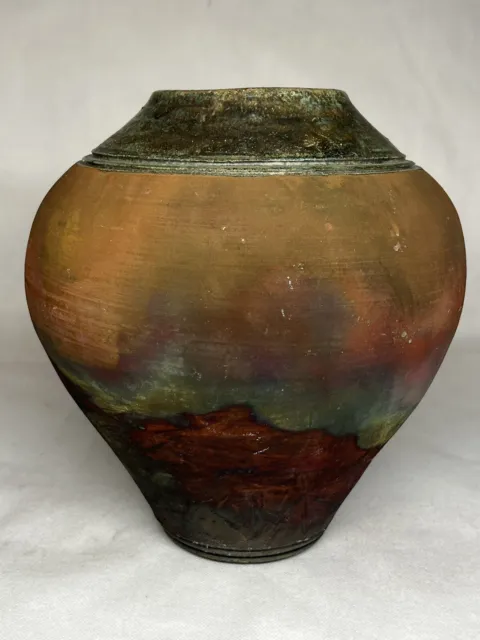 Rare Julie Furminger Raku Glazed Studio Art Pottery Vase Urn Stamped 9" Tall