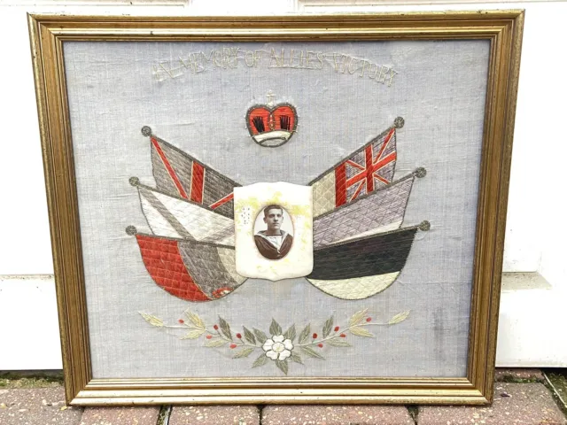 Framed WWI British Royal Navy “In Memory Of Allies Victory” Embroidered Silk