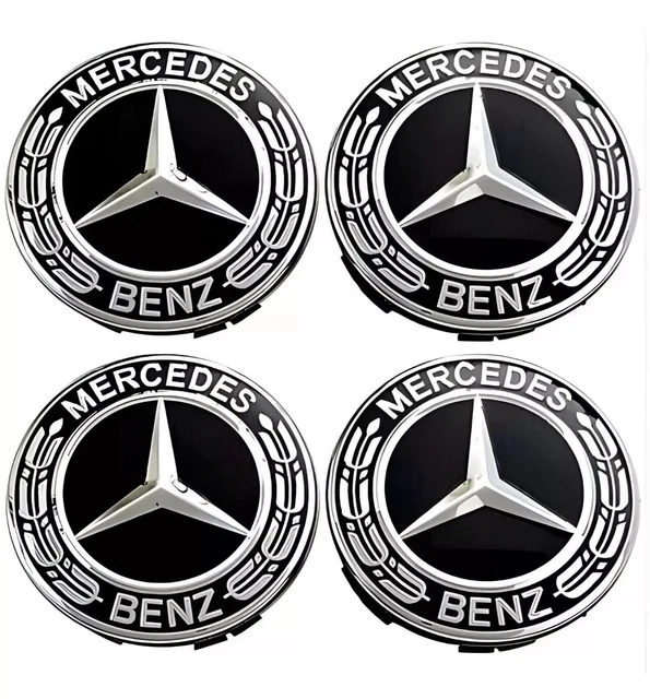 4 X BLACK Mercedes Benz 75mm Alloy Wheel Centre Caps AMG A B C E S M ...