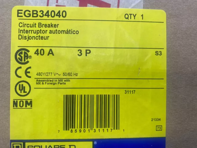 Square D EGB34040  3 Pole 40 Amp 480/277V Circuit Breaker