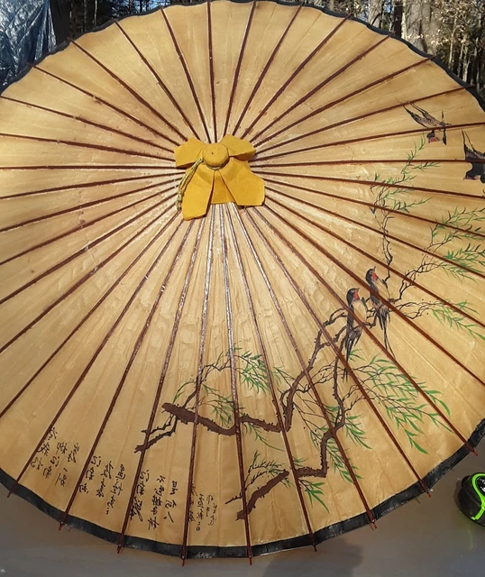 Vintage Bamboo Rice Paper Umbrella, Vines And Scissor Tail Black Birds