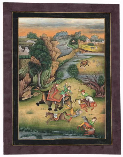 Indien Peinture Miniature De Moghol Empereur Chasse The Lion Œuvre 25.4cmx31.8cm