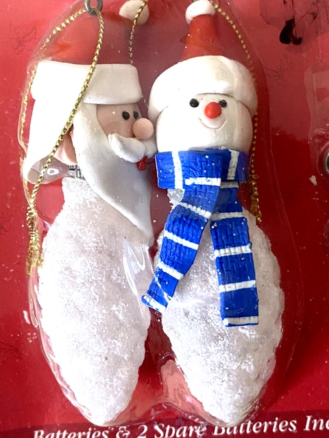 Vintage Battery Operated Pine Cone Xmas Ornament 3.5" LED Light Up Santa Snowman