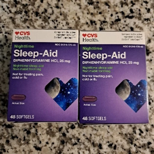 Dos cajas CVS Nighttime 25 mg Sleep Aid 96 cápsulas blandas total (2x48) Ejemplo: 10/23