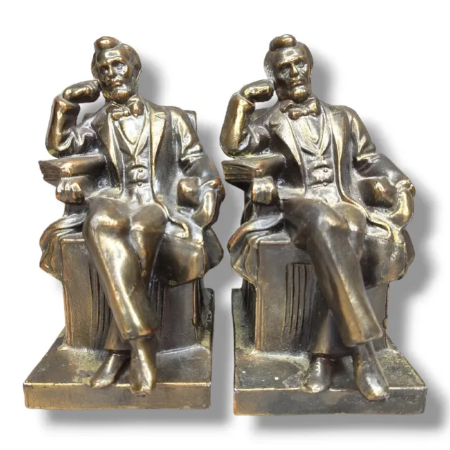 Vintage Abraham Lincoln Seated Bookends Cast Metal Pair Bronze Finish
