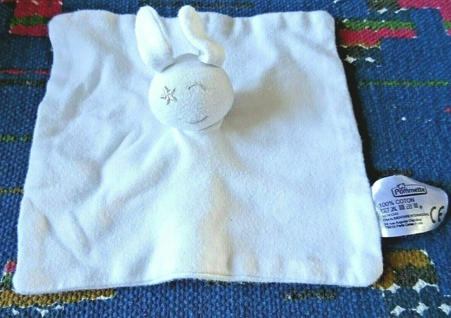 4Pa/ Doudou Plat Coton Pommette Lapin  Blanc Etoile Argent Exc Etat