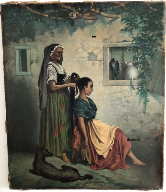 Tableau Ancien Xix Eme Hst Portrait Jeune Femme La Seance De Coiffure