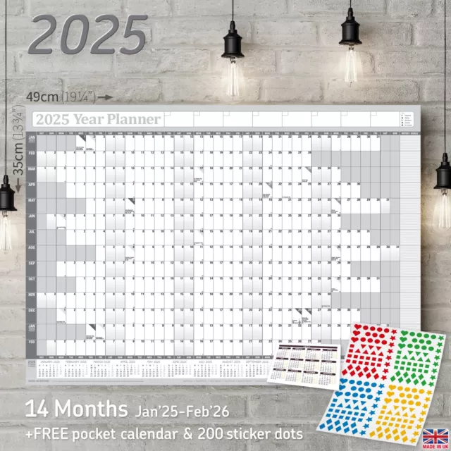 2025 YEAR PLANNER Wall Calendar Yearly Chart Calender GREY + FREE 200