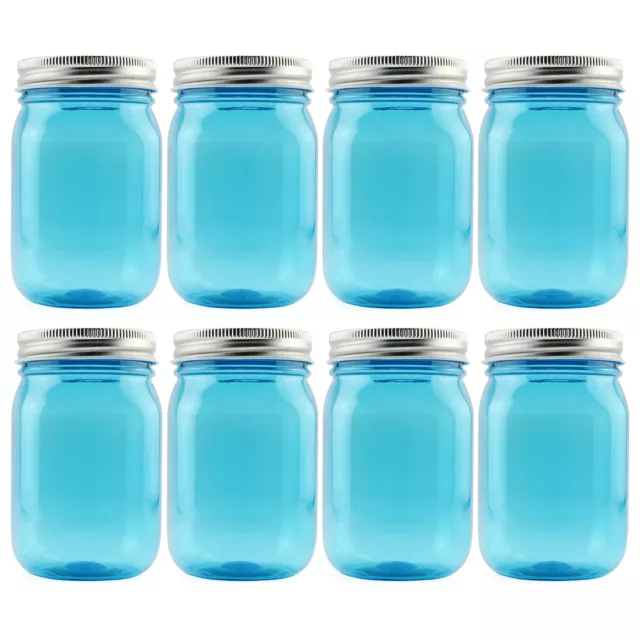16oz PLASTIC Mason Jars 8pk w/ Silver Metal Lids PET BPA-Free 2c/pt Capacity