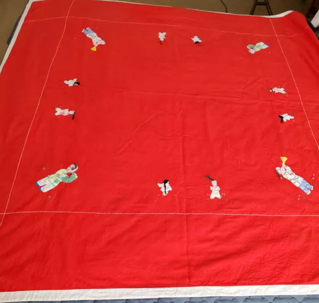 Vtg Tablecloth Red Chinese Kids Applique Embroidery Card Mahjong Table 48"Sq HTF
