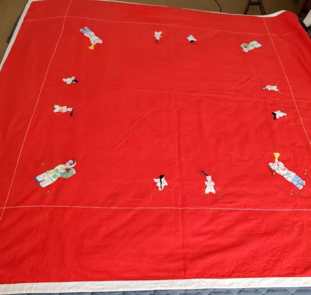Vtg Tablecloth Red Chinese Kids Applique Embroidery Card Mahjong Table 48"Sq HTF Vtg Tablecloth Red Chinese Kids Applique Embroidery Card Mahjong Table 48"Sq HTF