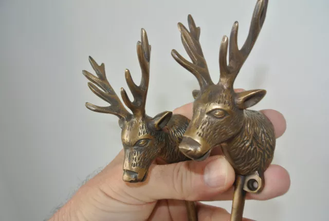 2 small REINDEER stag horns HOOKS solid BRASS old hook aged style 6 " Deer B
