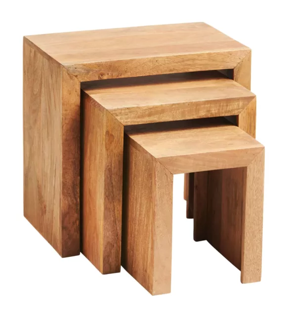 Modern Solid Light Mango Wood Nest of 3 Tables in Matt Finish for Living Room