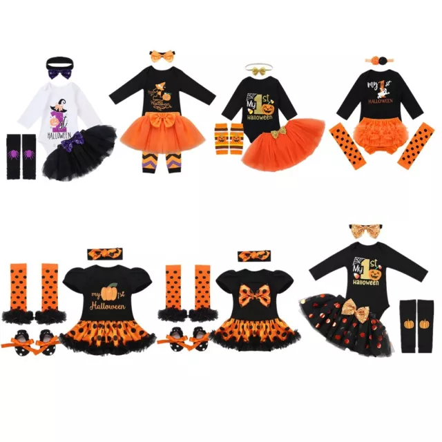 Romper+Mesh Tutu Skirt Leg Warmers+Headband Set Baby Girls Halloween Dress Up