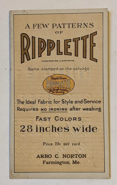 c1917 ANTIQUE ADVERTISEMENT BROCHURE w FABRIC SWATCH, RIPPLETTE RIPPLE WOVEN, ME