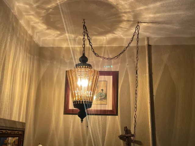 Vintage 28" Amber Root Beer Glass Hanging Light Lamp Chandelier BEAUTIFUL!!